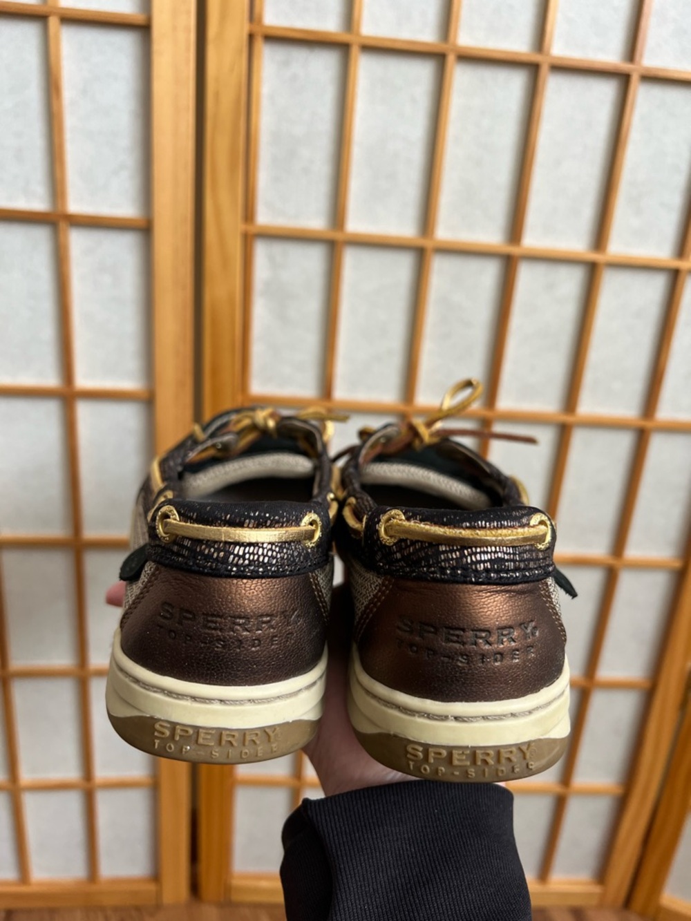 Sperry TopSider Boat Shoes Women 7.5M Black Brown Metallic Leather Lace Up Flats - Picture 6 of 13